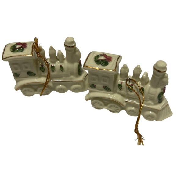Vintage Ceramic Train Christmas Ornaments Set Of 2 With Gold Accents & Festive W - Picture 2 of 5